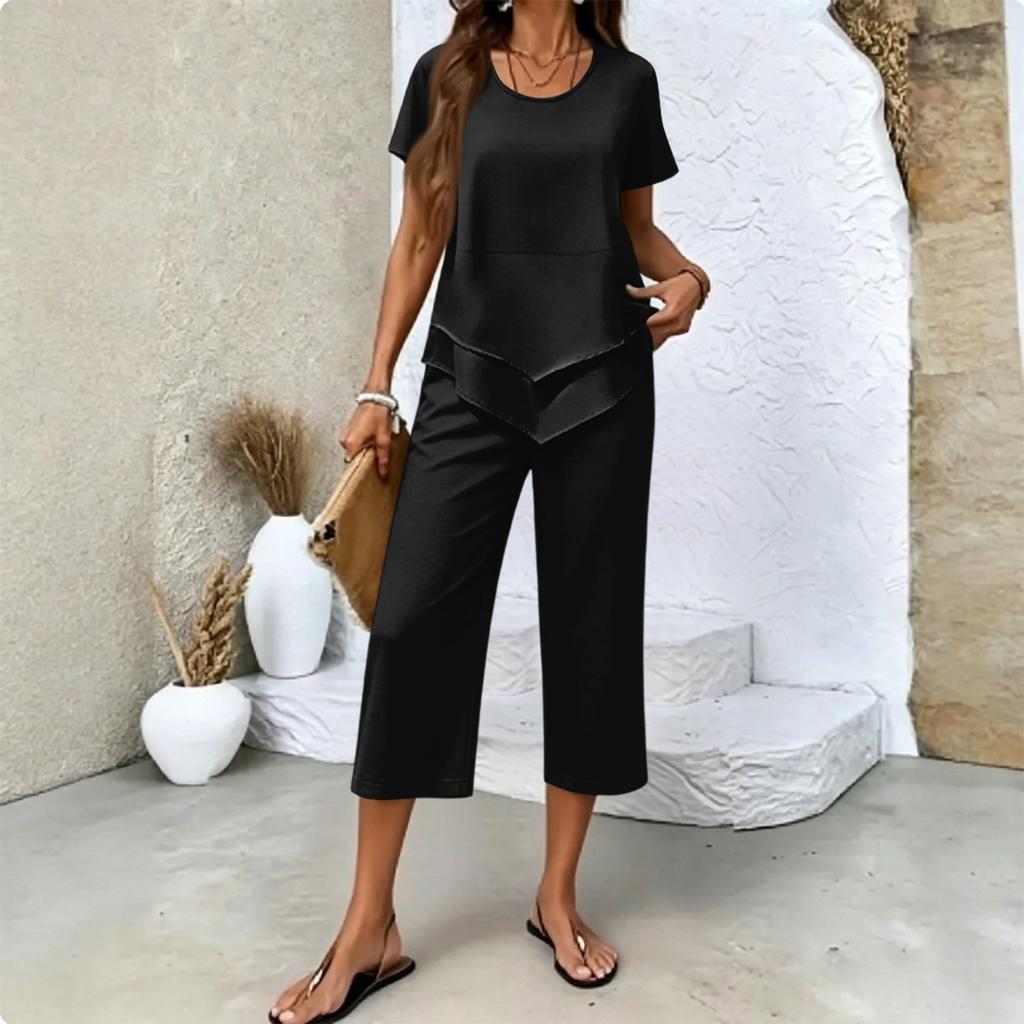 Women's Casual Two Piece Set Short Sleeve Round Neck Top with Layered Hem and Cropped Wide Leg Pants Comfortable Lounge Outfit