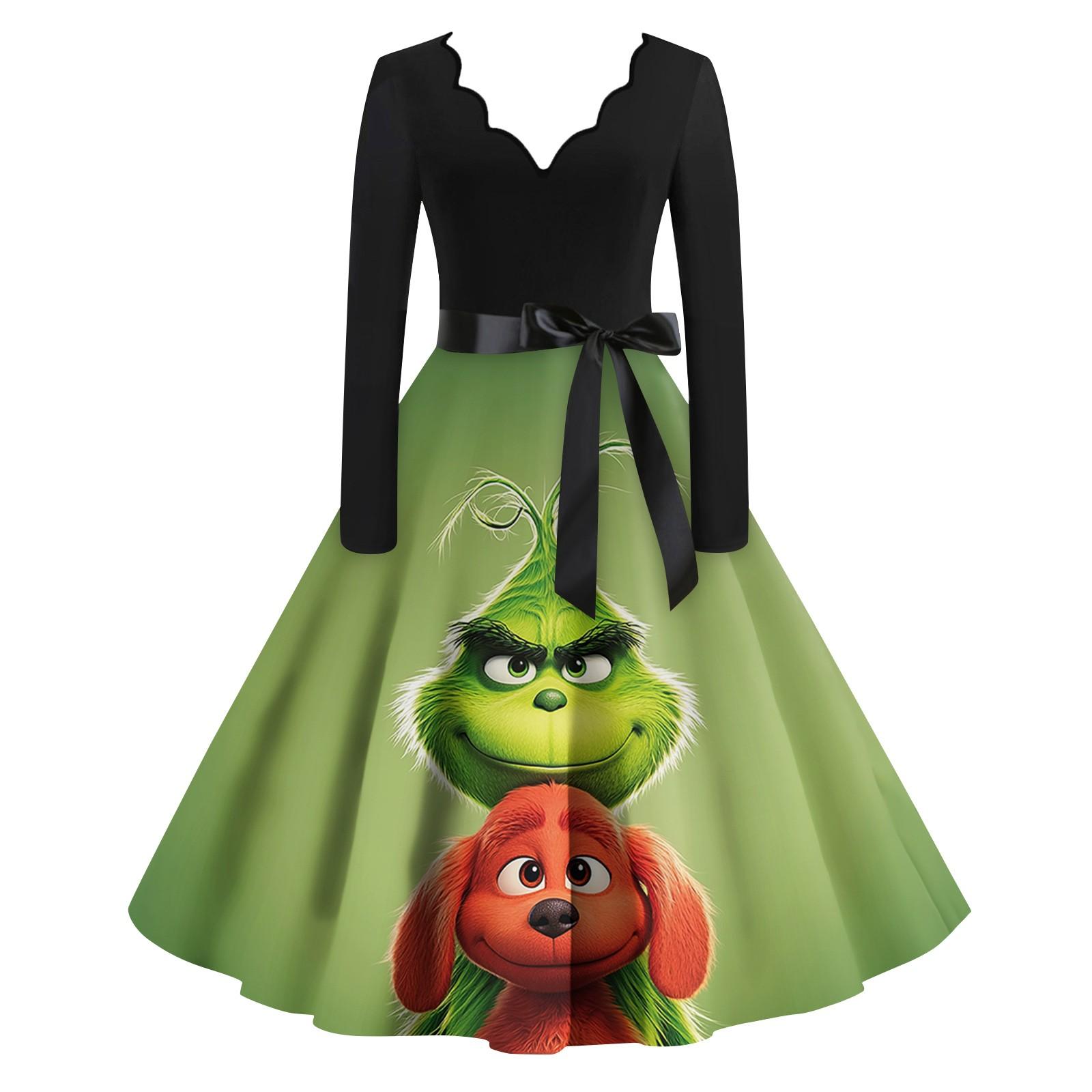 

Женское повседневное модное платье с длинным рукавом и принтом, вечернее повседневное платье с V-образным вырезом и вырезом XXXXL зелёный