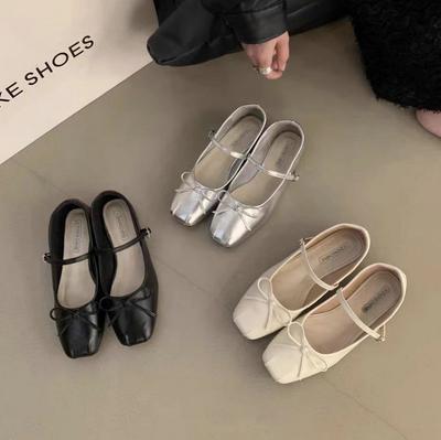 Chaussures Plates de Mode pour Femmes Printemps Automne 2024 Chaussures Mary Jane Nouveaux Mocassins à Bout Carré Noir avec Nœud Femmes Chaussures Dames Grande Taille 43 44