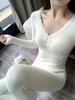 Lace V-neck thermal underwear set for women with chest pads, heating and belly protection, slim and thin bottom long johns top