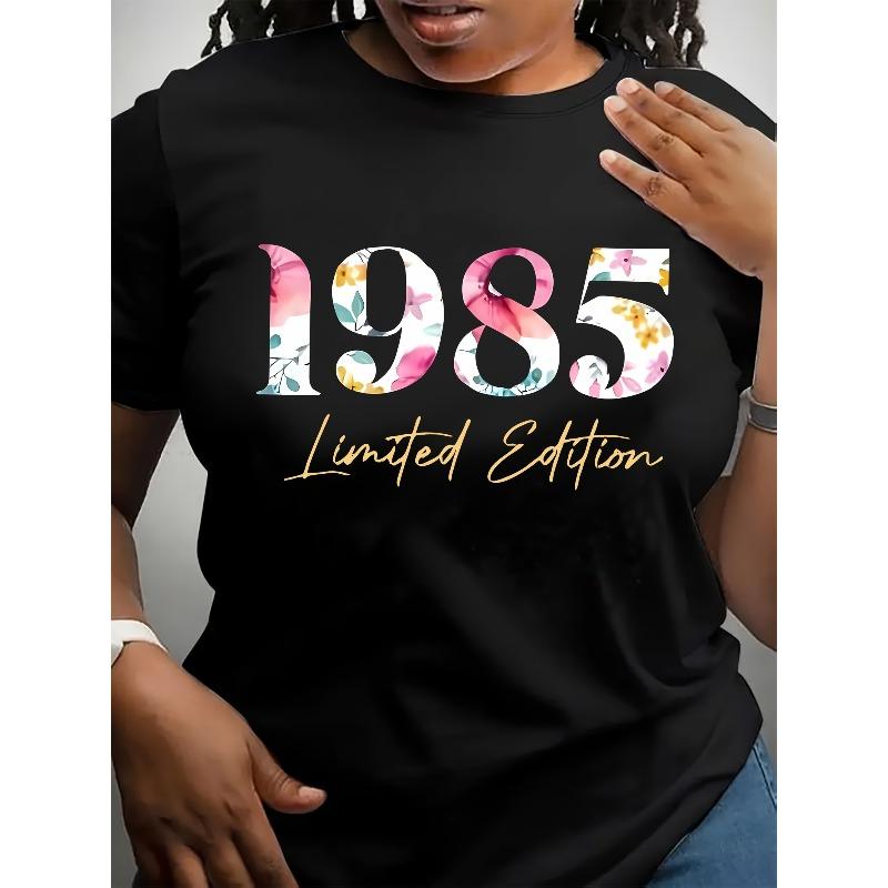 

Womens 1985 Letter Number Print Crew Neck Short Sleeve T Shirt Casual Machine Washable Spring Summer 1985 Theme Top S чёрный