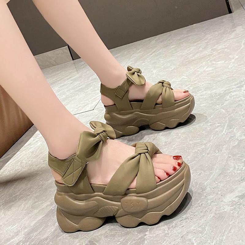 Fashion Summer High-heeled Sandals for Women 9CM Wedge Heel Bow Slippers Fashionable  Outdoor Thick-soled Sandals Beach Casual Slippers