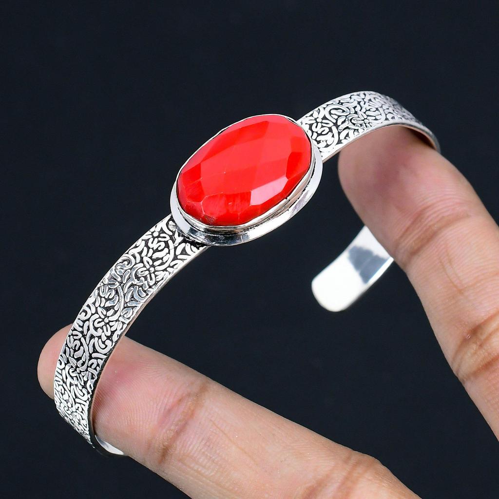 Natural Italian Coral Gemstone Bangle Adjustable 925 Sterling Silver Jewelry