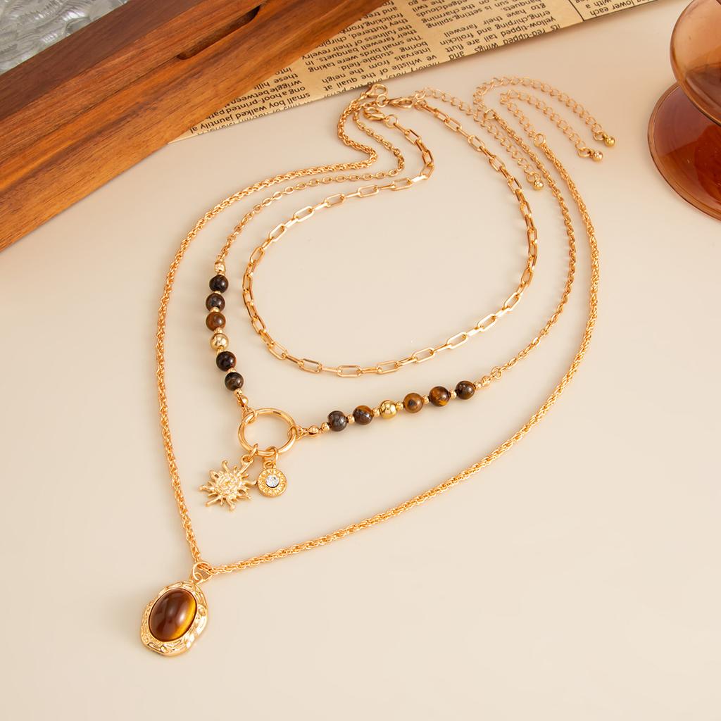 Maillard Style Tiger Eye Stone Pendant Y-shaped Thin Chain Sweater Necklace Women's Fashion Adjustable Rope Chain Daily Jewelry