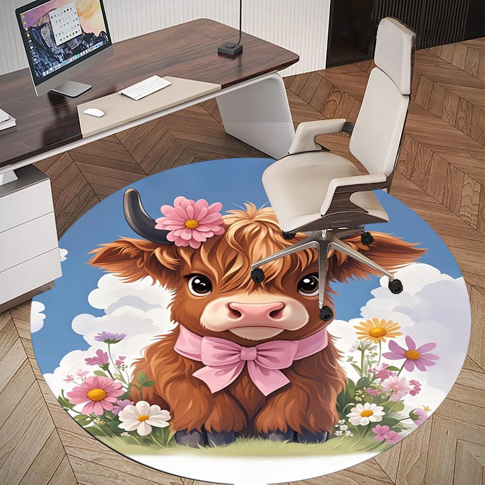 1PC Cow Flowers Bow Round Chair Mat Area Rug - Non-Slip, Floor Mat for Office, Bedroom, Home Decor Christmas Gift C0528077