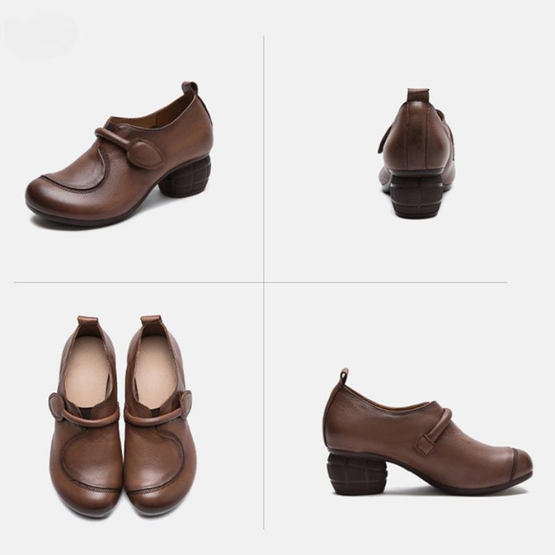 Johnature Pumps i ekte skinn retro allsidig rund tå myk såle høye hæler for kvinner