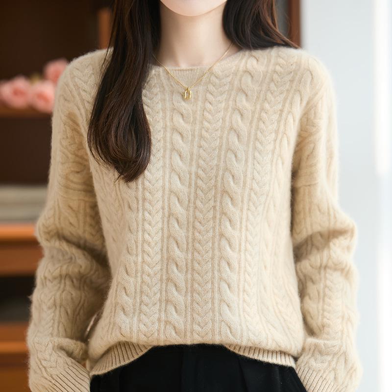 Women's Pure Wool Cable Knit Sweater - Soft, Warm, Round Neck, Long Sleeve Pullover for Autumn & Winter