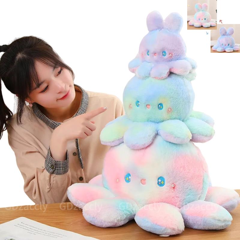 Kawaii Plush Flip Rainbow Cosplay Bunny Octopus Plush Toy Double Side Reversable Rabbit Plushie Peluche Doll Cuddly Doll
