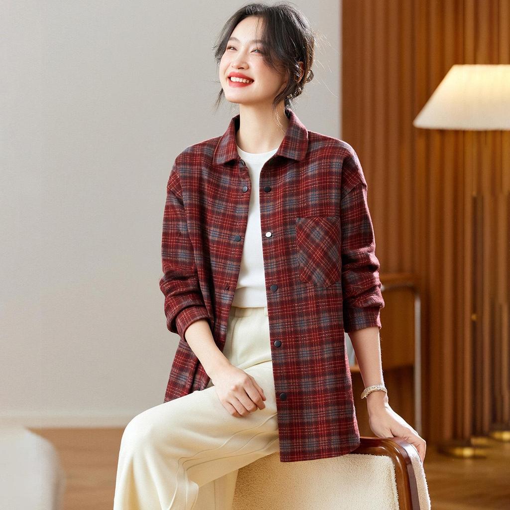 Women's Brushed Plaid Long Sleeve Shirt - Thickened & Warm, 2025 Autumn/Winter Collection