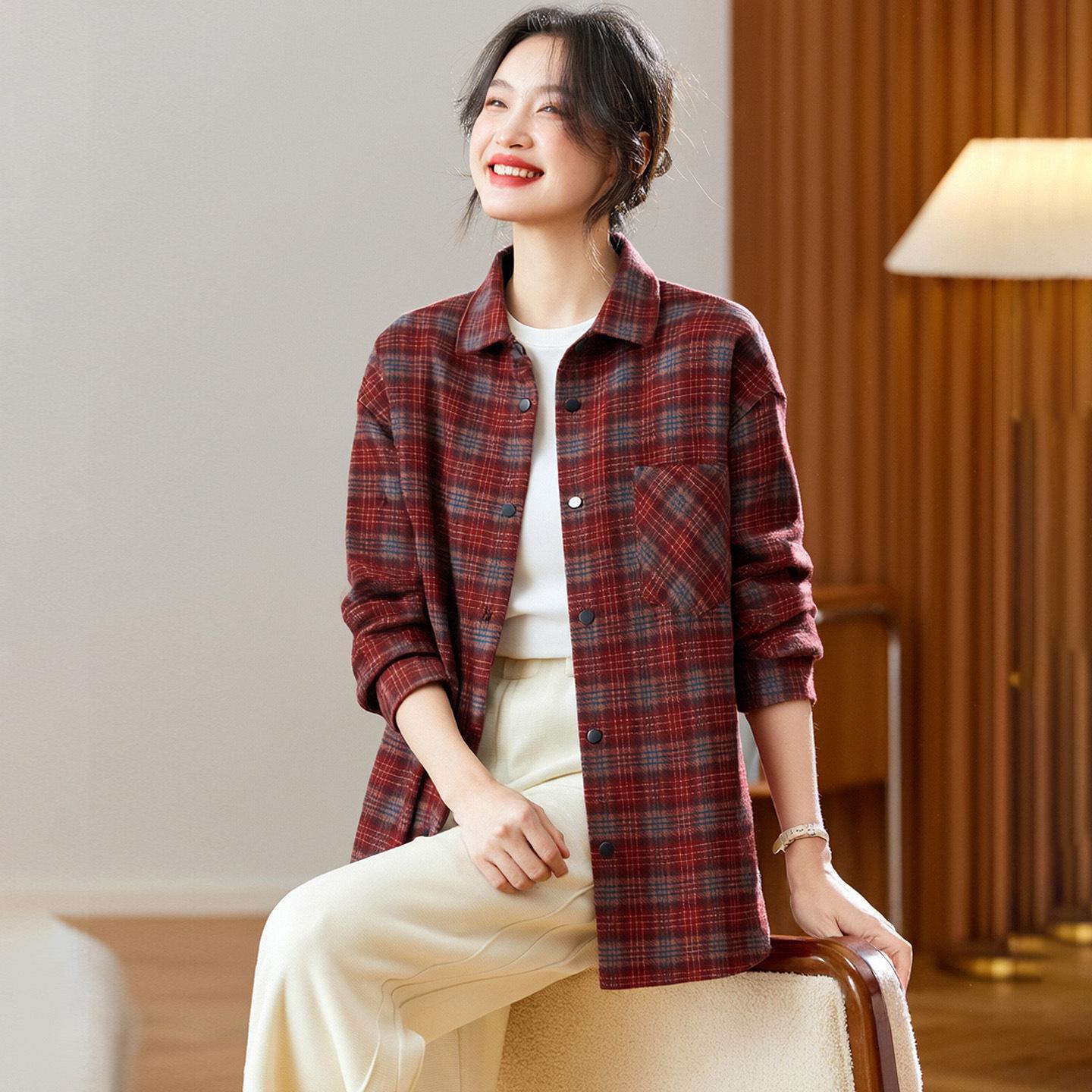 Women s Brushed Plaid Long Sleeve Shirt - Thickened & Warm, 2025 Autumn/Winter Collection One Size