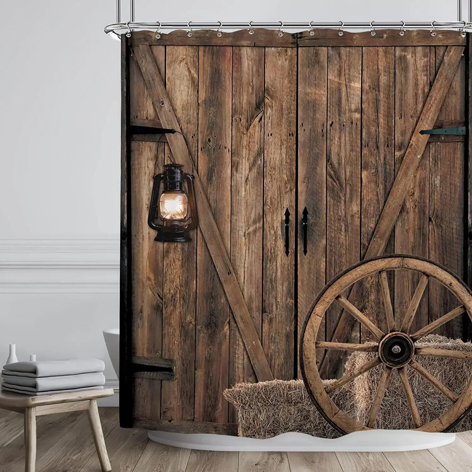 

Farmhouse Shower Curtain Set Rustic Shower Curtain For Bathroom Barn Door Wood Farm Bath Curtains Country Wooden Bathroom Decor W60H190(CM)-1 Pcs