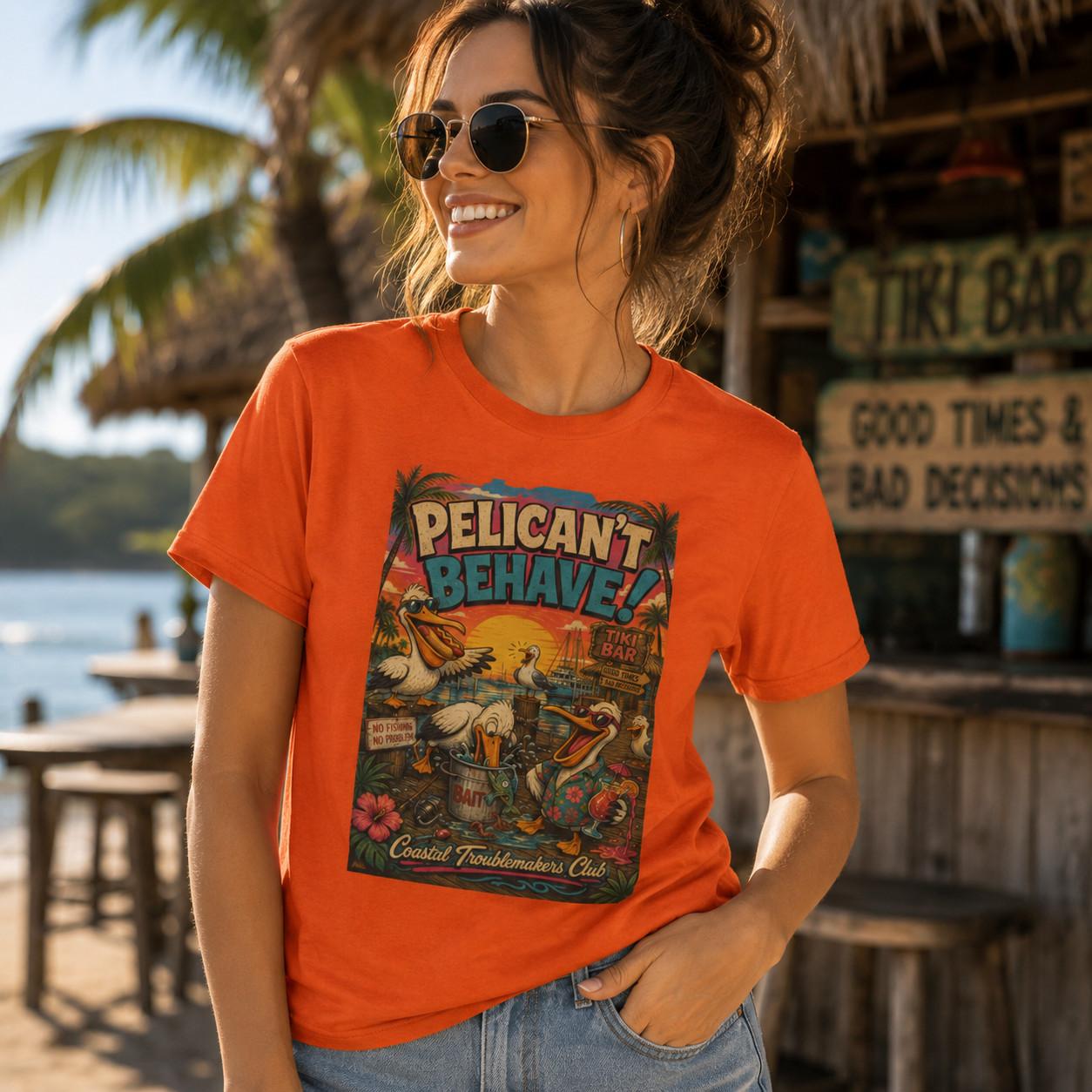 Pelican’t Behave Tiki Bar Tee Coastal Troublemakers Club Pelican Shirt S