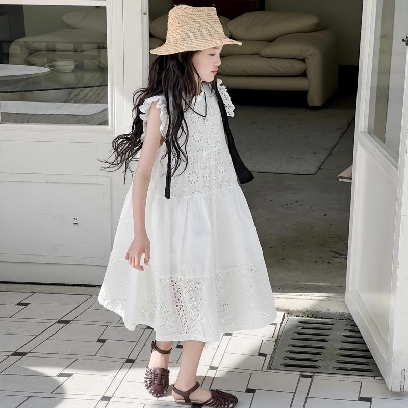 Summer 2025 Girls' Lace Princess Dress - Trendy Long Style for Big Children