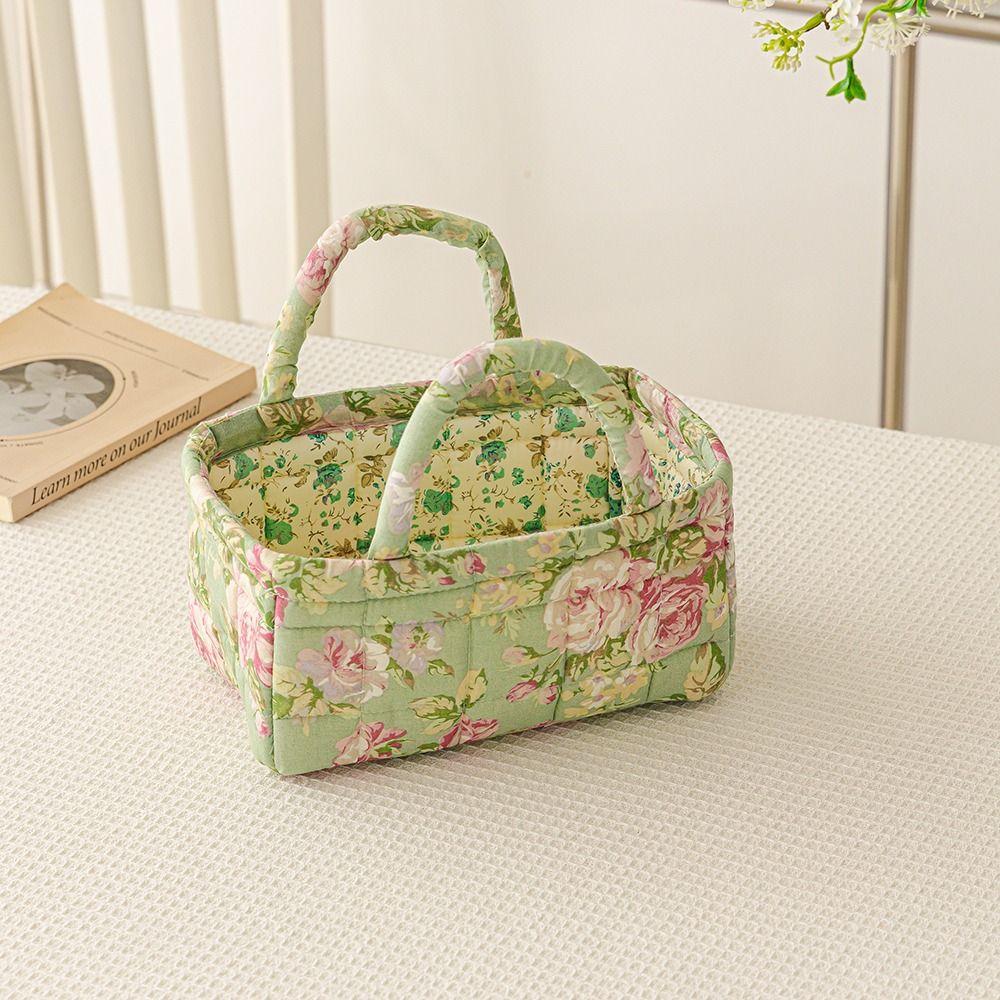 Floral Pattern Storage Basket Foldable Design Quilted Fabric Shopper Bag Cotton Material with Easy Carry Handles