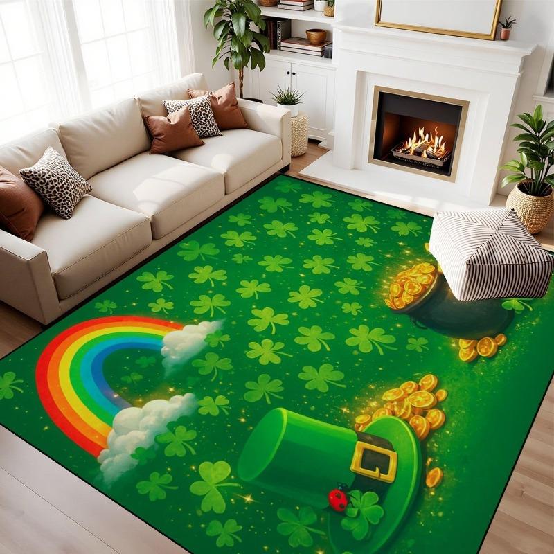 St Patricks Day Clover Rug Irish Green Geometric Print Shamrock Leaf Decor Carpet Soft Non-Slip Living Room Holiday Floor Mat