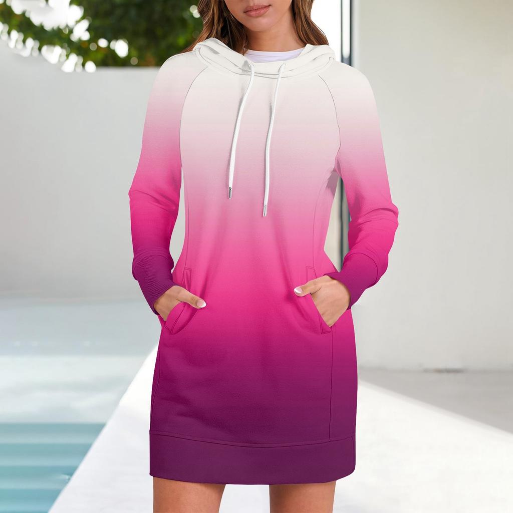 Topuri cu mânecă lungă, de toamnă, cu degradare, pentru femei, hanorac mozaic cu gât rotund, rochii cu glugă cu mâneci raglan