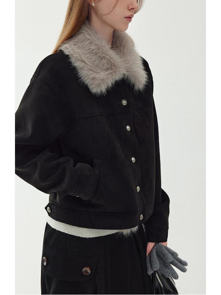 Women's Retro Suede Jacket with Detachable Fur Collar - 2025 Autumn/Winter Collection