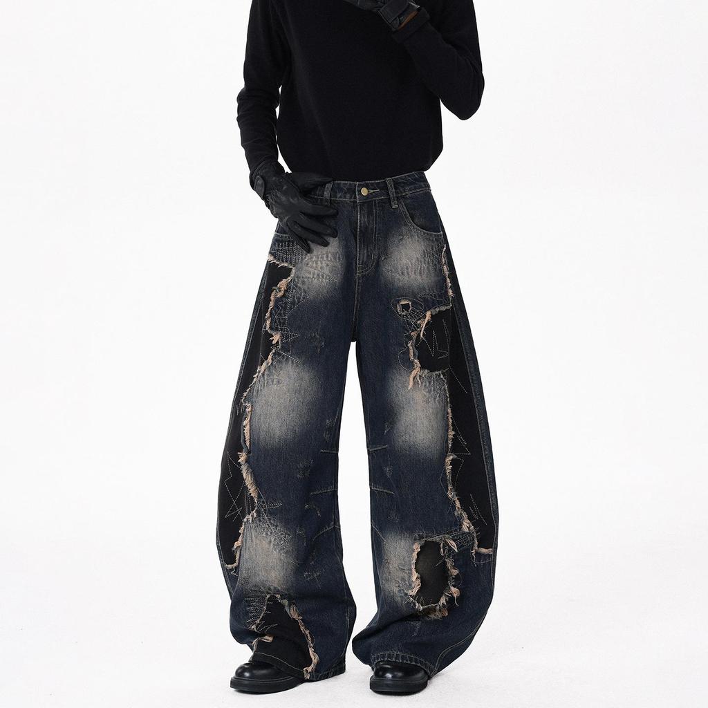 Pantaloni Larghi Unisex Patchwork High Street Orlo Grezzo Gamba Curva