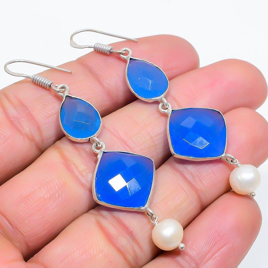 Blue Chalcedony, Pearl Gemstone 925 Sterling Silver Jewelry Earring 2.76" GK-6256