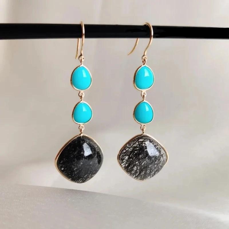 Bohemian Style Handmade Synthetic Turquoise Dangle Earrings for Women Vintage Copper Material Vacation Jewelry Accessories Gifts
