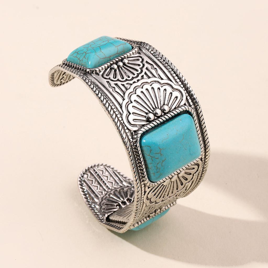 Ethnic Style Alloy Hand Jewelry With Turquoise Open Wide Bracelet For Women