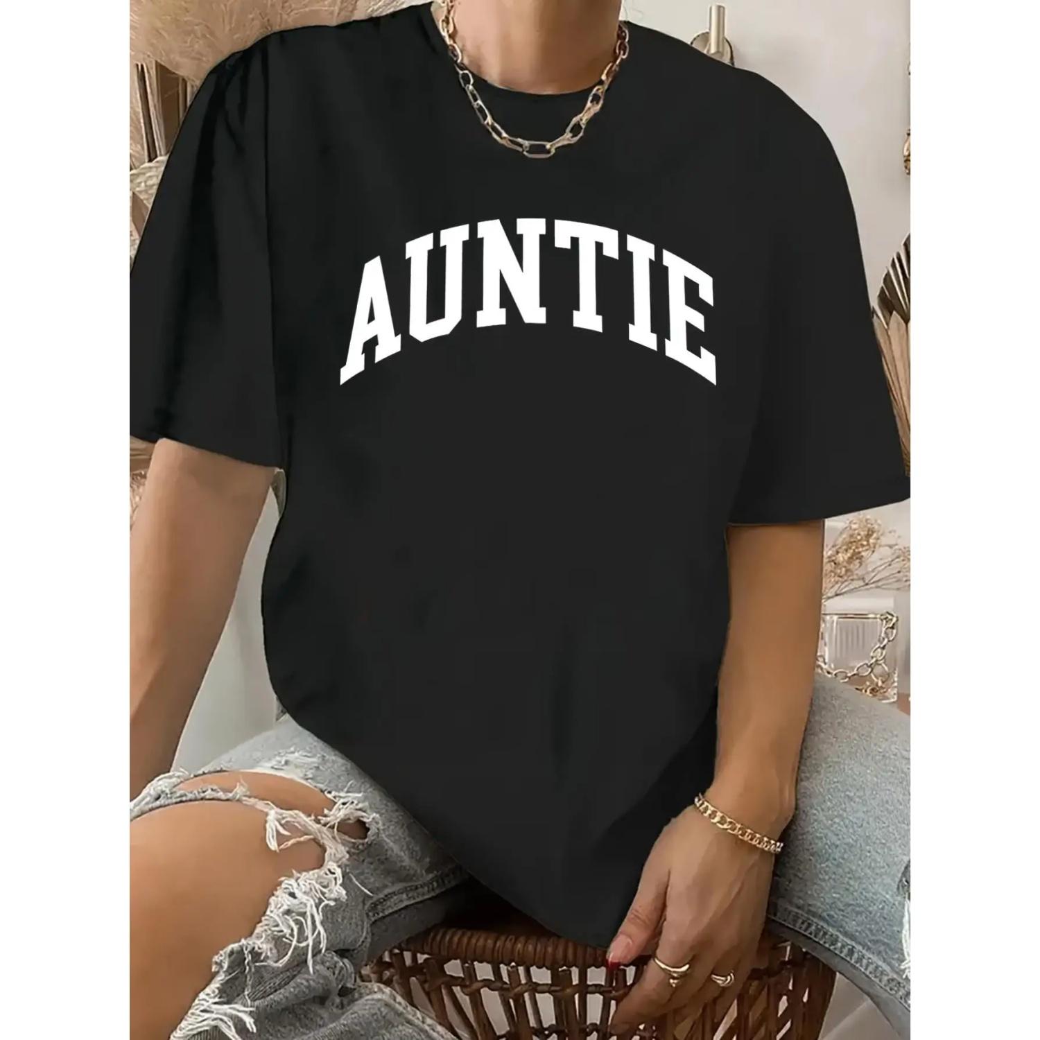 

Women s Retro Casual Graphic Tee - Auntie Print, Short Sleeve, Crew Neck, Black T-Shirt for Summer, Relaxed Fit Tee Retro St XXXXXL чорний