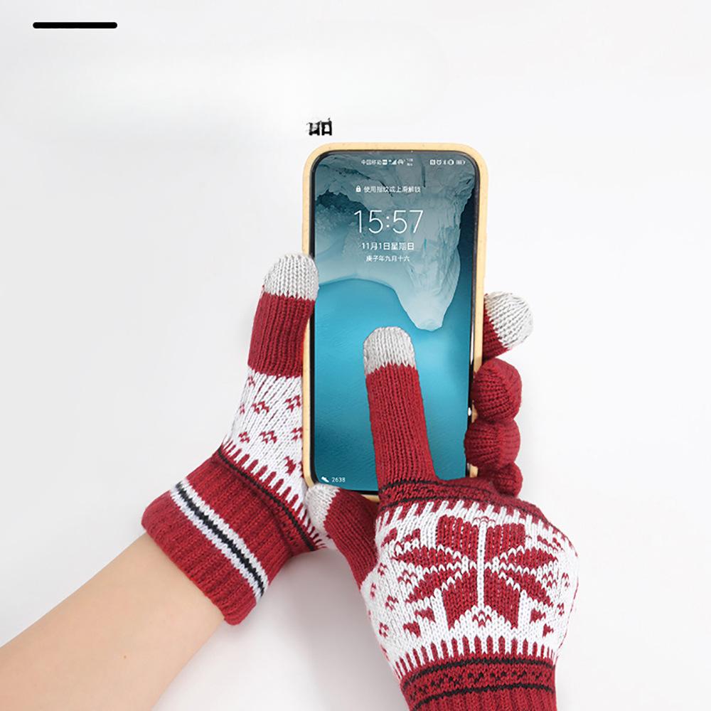 Autumn and Winter Cold Proof and Warm Knitted Gloves Christmas Style Plus Velvet Thickened Double Layer Touch Screen Gloves for Adults