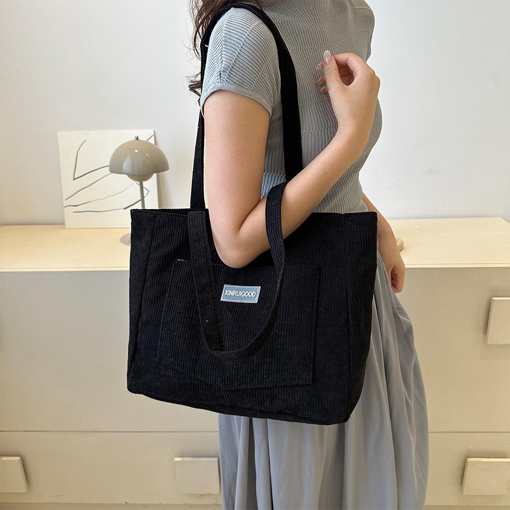 Large Capacity Shoulder Bag Trendy Corduroy Tote Bag Solid Color Ladies Handbag With Front Pocket