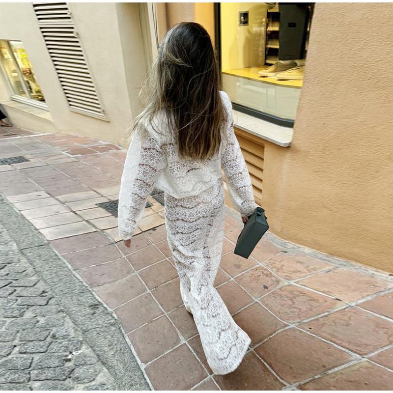 Conjuntos Sexy de Renda Transparente de Duas Peças com Decote V Profundo para Mulheres, Fato de Calça, Top de Manga Comprida, Calça Comprida, Primavera, Cor Sólida, Conjunto de Calças Elegante