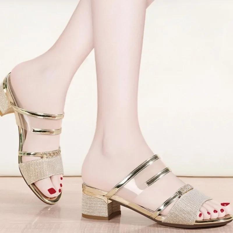 Fashion 2025 Summer Women's Modern Slippers Outdoor Fashion Metal Decoration Med Heel Sandals for New Elegant Open Toe Dress Zapatos