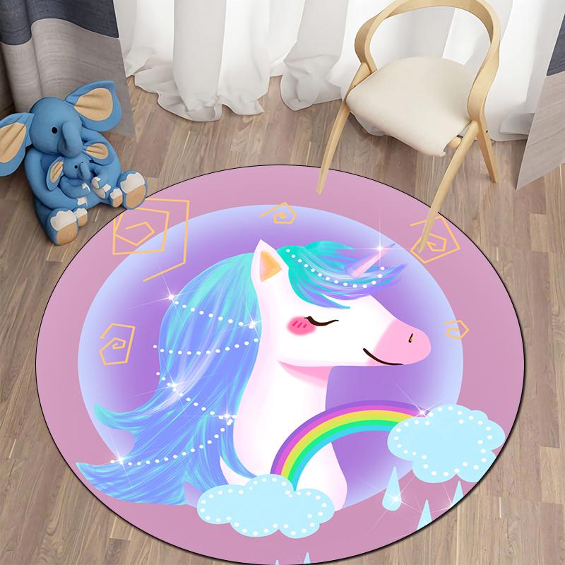 Alfombra redonda con bonitos dibujos de unicornios para dormitorio de niños, alfombra antideslizante para gatear, alfombra para sala de estar, felpudo decorativo para el baño