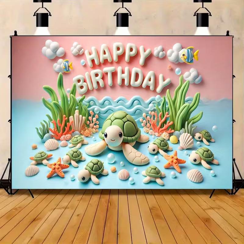 2D "Happy Birthday" Ocean Turtle Tapestry, Underwater Party Background