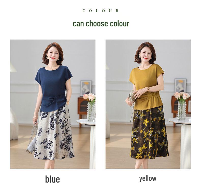 Summer 2025 Mom's Short-Sleeve T-shirt & Skirt Set for Middle-Aged Women