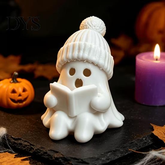 Unique Gift for Friends Cute Ghost Figurine, 3D Printed Reading Statue with Knit Beanie Creative Hat, Whimsical Halloween Christmas Desktop Ornament,