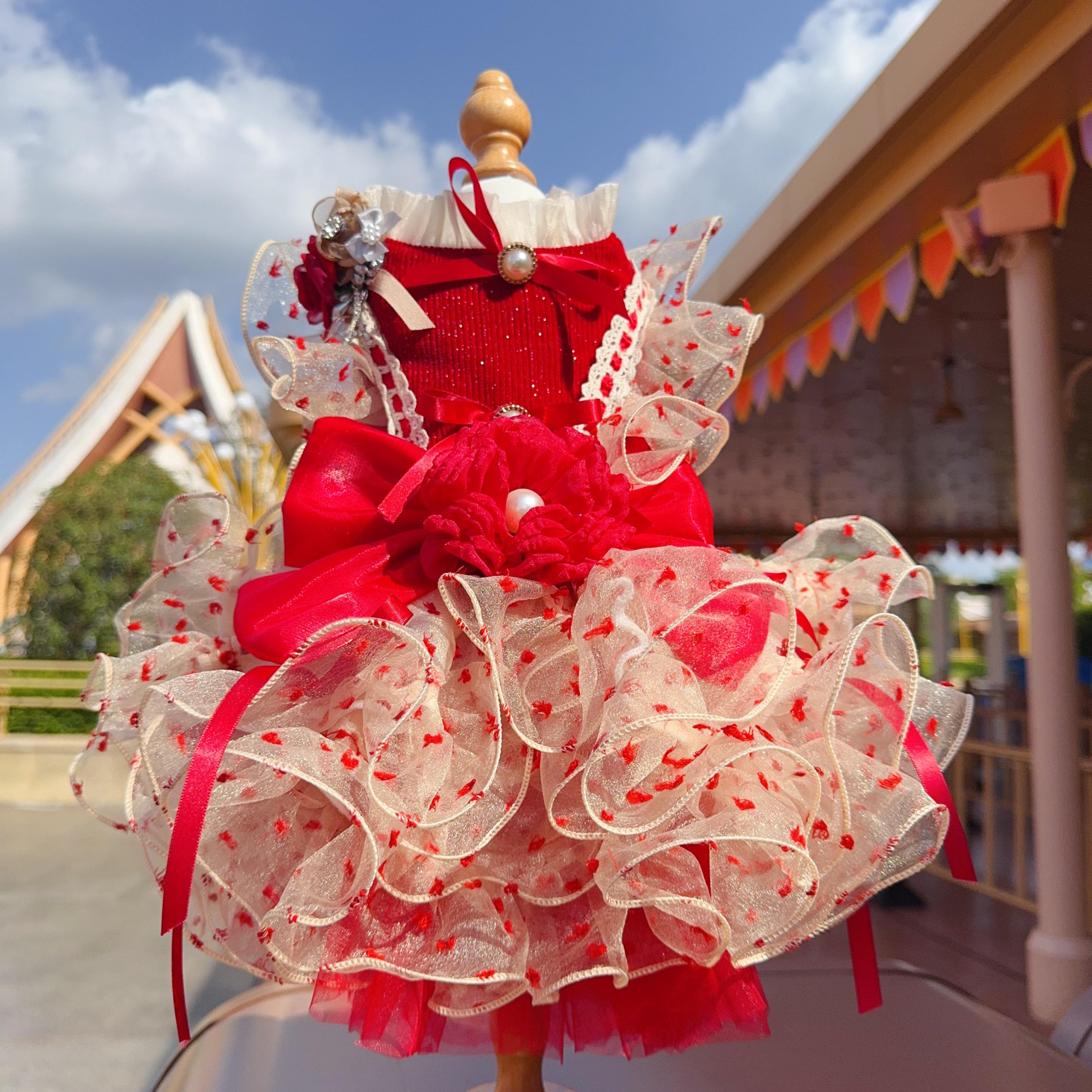 

Luxury Dog Cake Puff Dress,Elegant Dot Dresses for Dogs,Detachable Long Tailing Design,Handmade Puppy Outfit-Flamingo Red Color XS