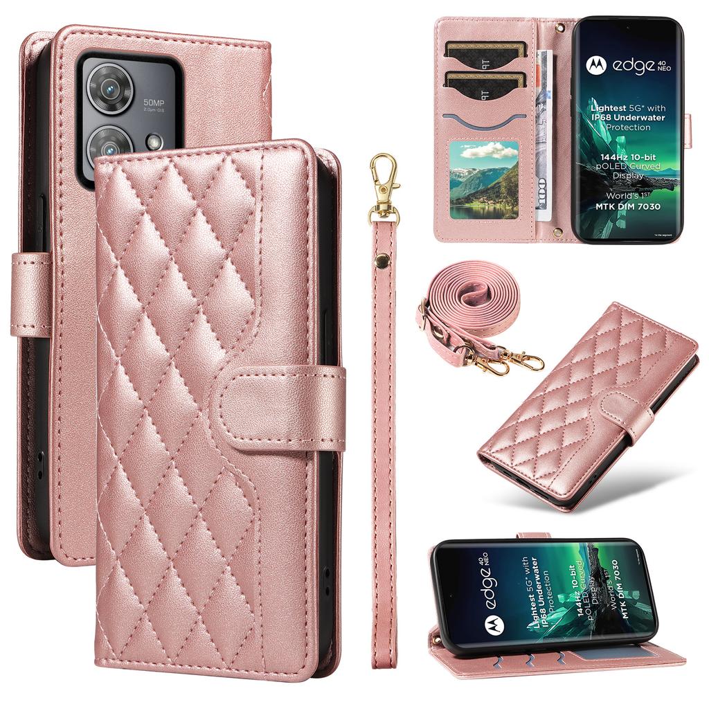 For Motorola Edge 40 Neo 5G Case Wallet Rhombus Leather Phone Cover with Shoulder Strap,Wrist Strap