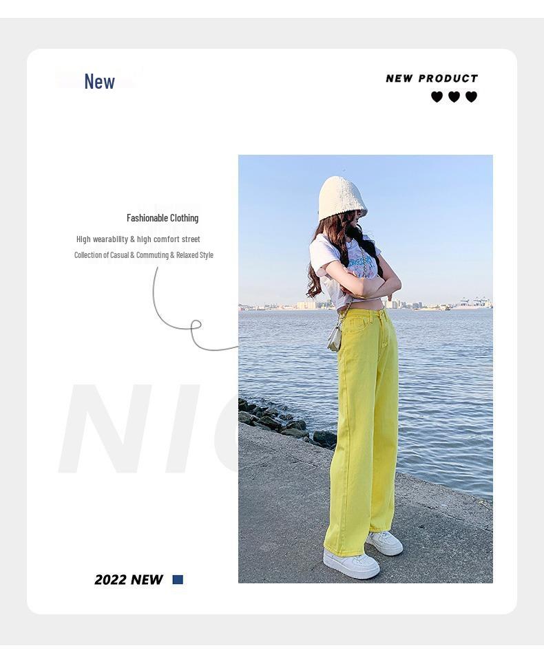 Women's Yellow High-Waisted Wide-Leg Jeans - 2022 Slimming Style for Petite Figures, Straight Floor-Length Pants