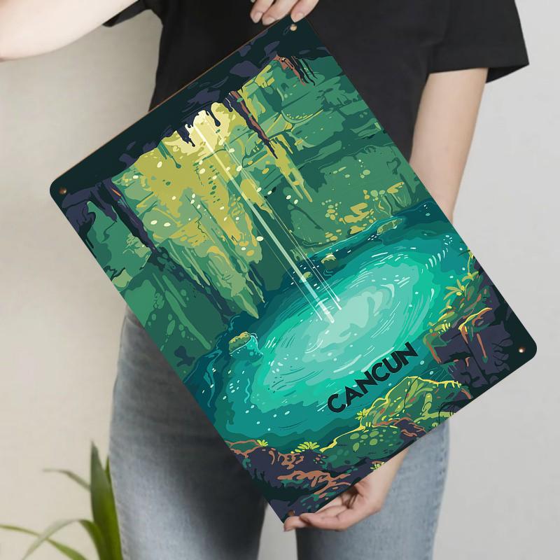 

Cancun Cenote Cave Pool Illustration Metal Wall Art Tropical Landscape Home Decor 20x30cm（7.8x11.8inch）
