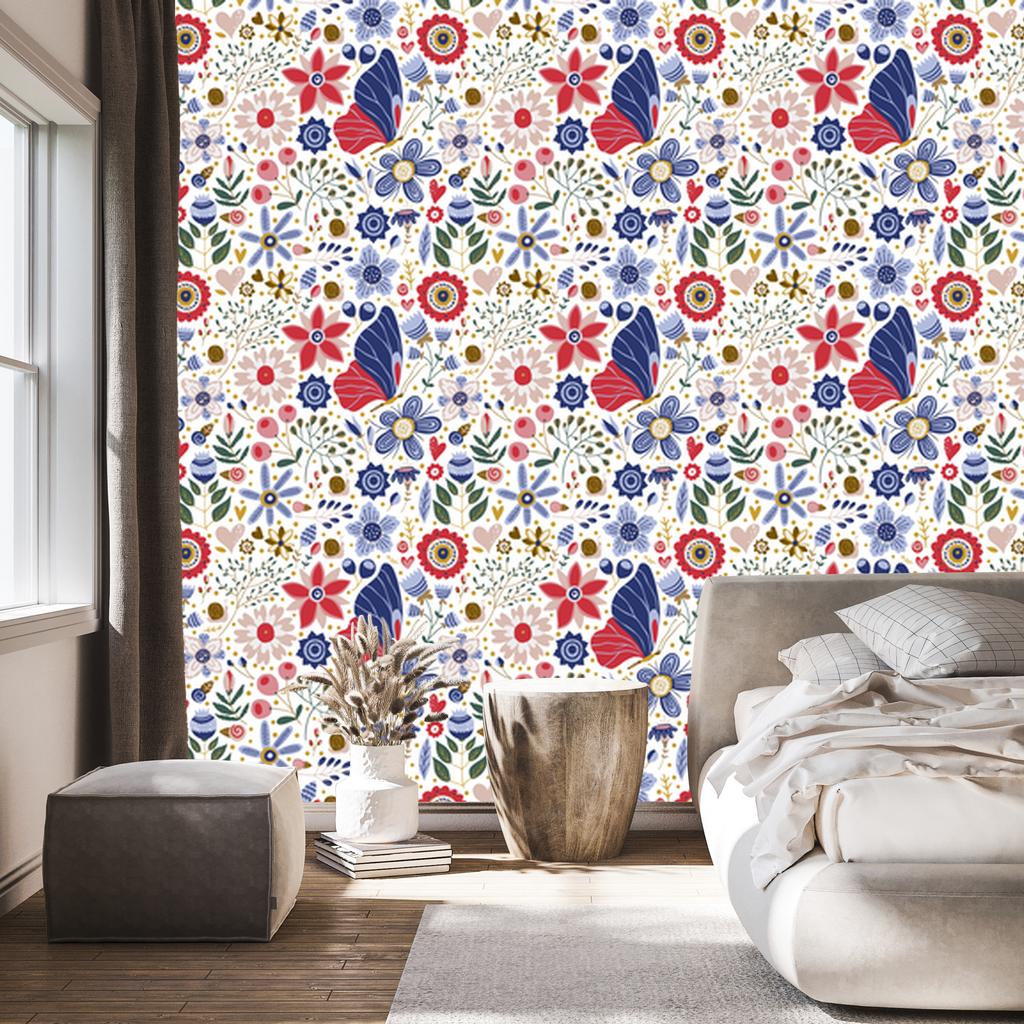 Folk Flowers Wallpaper White and Blue for Living Room and Bedroom 50x1000