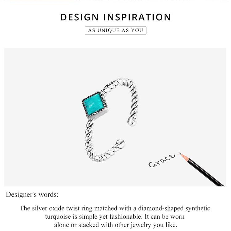 BAMOER 925 Sterling Silver Delicate Turquoise Twist Pattern Adjustable Ring for Women Fine Jewelry