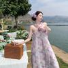 Mist Purple Heavy Industry Handmade Rose Neck Dress Lotus Leaf Edge Printed Holiday Dress
