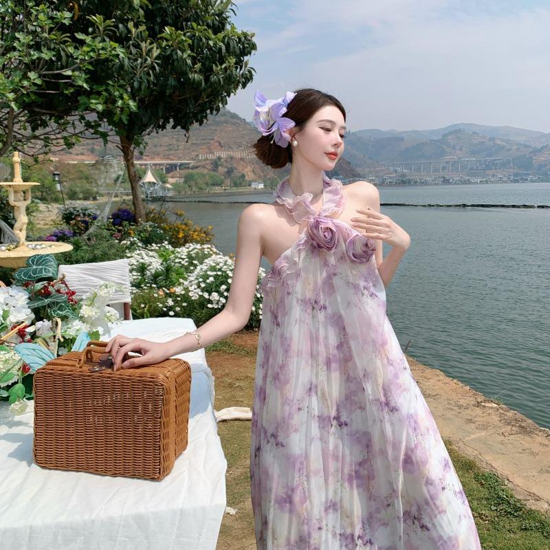 Mist Purple Heavy Industry Handmade Rose Neck Dress Lotus Leaf Edge Printed Holiday Dress