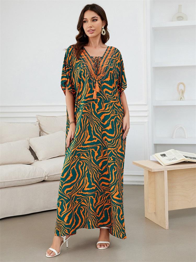 Orange Zebra-Print Locker Kaftan Sexy Strand-Coverups Für Frauen Sommer V-Ausschnitt Quasten Bindeband Seitenschlitz Robe Gemütliches Lässiges Hauskleid