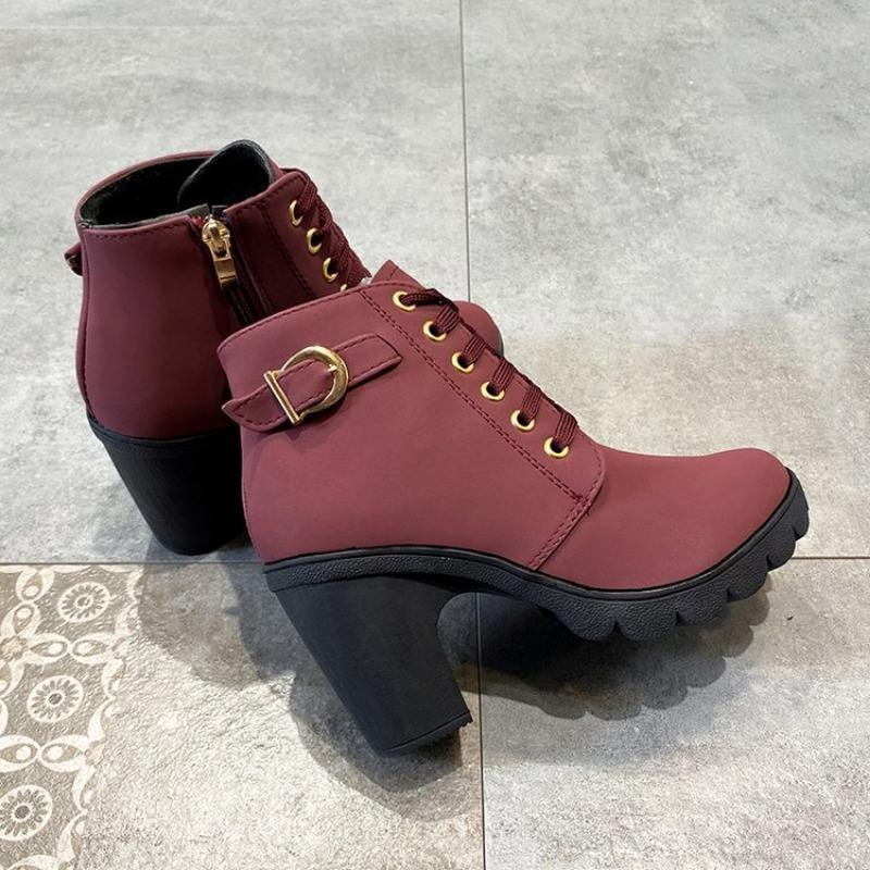 Large size spring and autumn new thick heel high heel Martin boots women's strap belt buckle ankle short boots