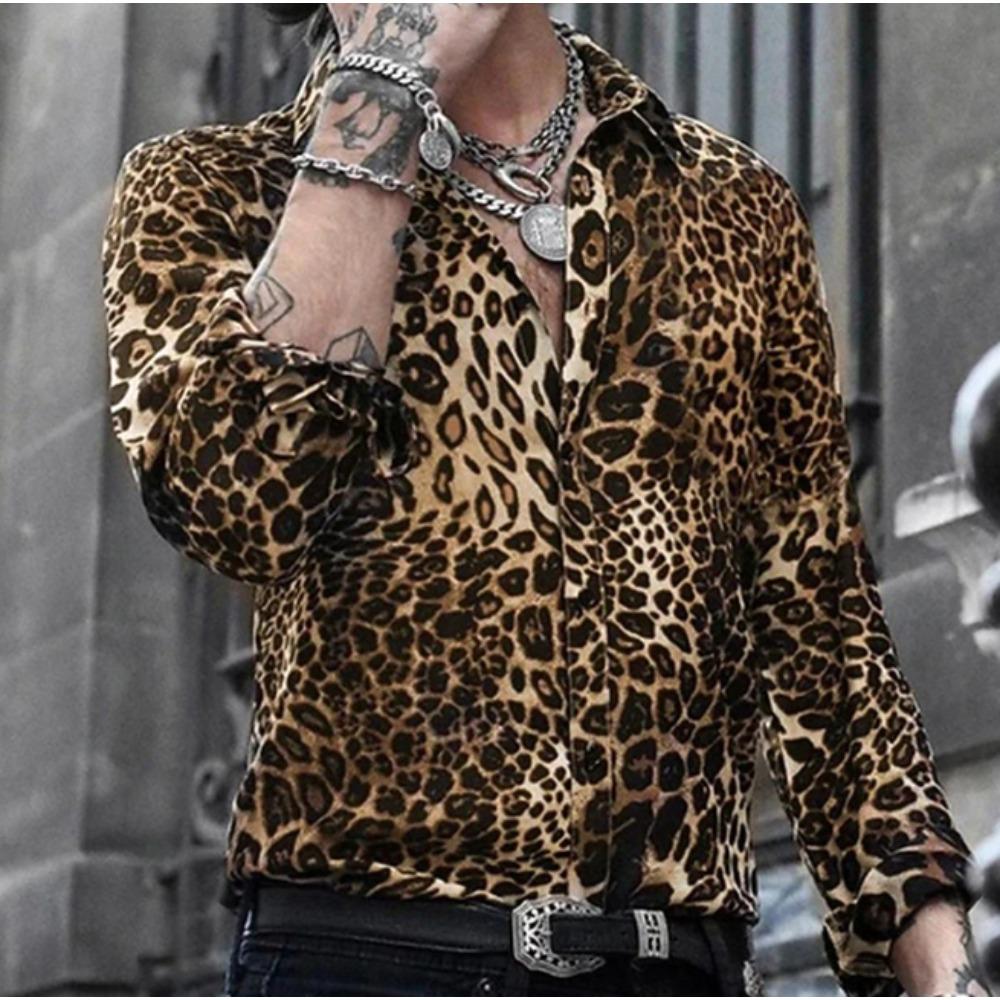Men's Leopard Printed Long Sleeve Shirts Casual Cardigan New Button Holiday Fashion Shirts