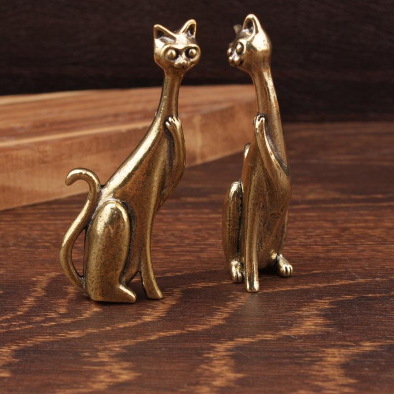 Retro Brass Cat Lovers Statue Ornament Copper Animal Sculpture Incense Burner  Tea Pet Home Desktop Decorative Accessories