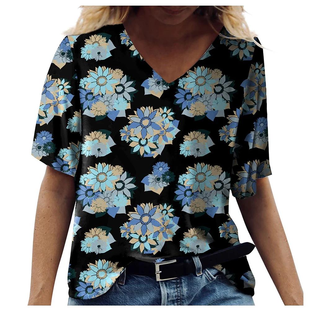 2024 Retro Women's V-Neck T-Shirt Short Sleeve Floral T-Shirt Casual Fashion Floral T-Shirt Street Korean Style Oversized Top