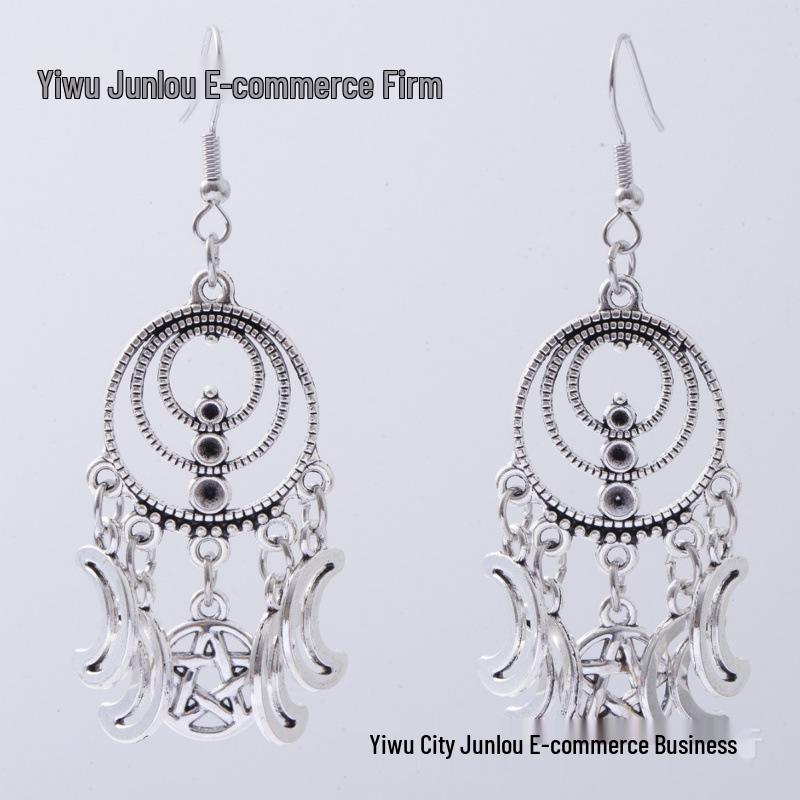 Bohemian Gothic Silver Moon Star Pendant Earrings