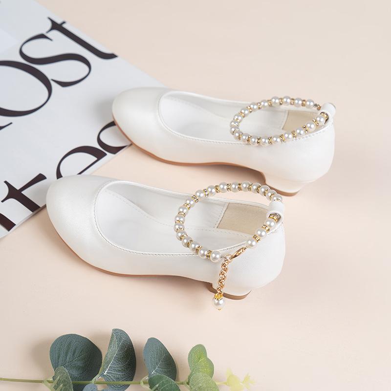 Girls' High-heeled Leather Shoes Spring Children's High-heeled Middle-aged Kid's White Wedding Host Show Princess Dress Shoes