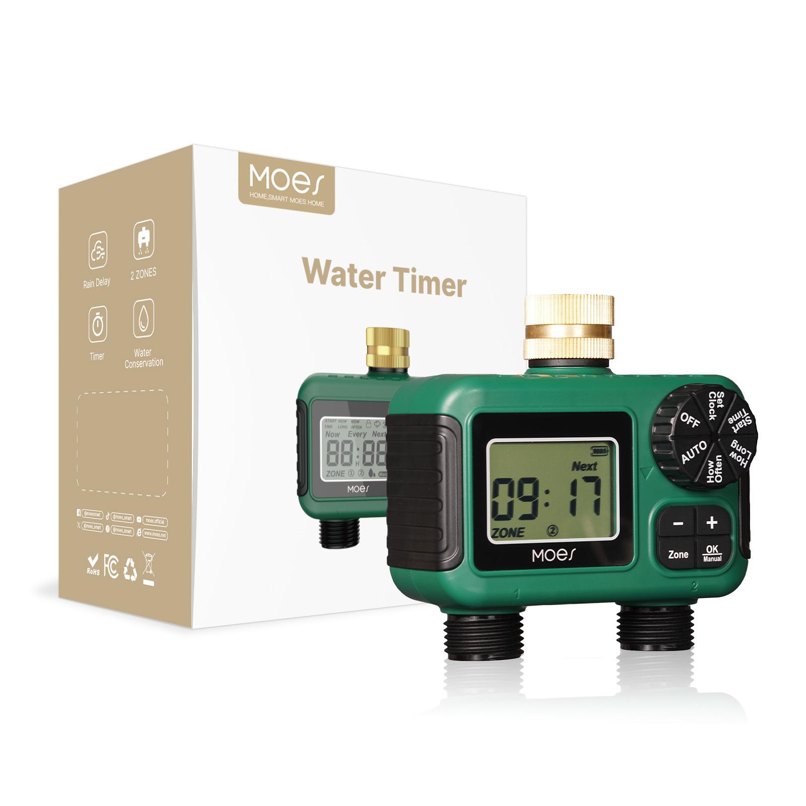 Brass water inlet 2-way irrigation water valve, IP55 waterproof rotary knob button, LCD display, water valve timer